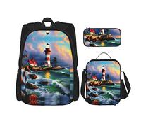 KoNsev Lighthouse Diamond Painting 3pcs Zaini 40,6 cm Scuola Prescolare Bookbag e Lunch Box per Bambini Elementari, Nero , Taglia unica, Set di zaini per la scuola