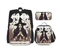 KoNsev Magic Witch Witchcraft Bohemian Drawing 3pcs Zaini 40,6 cm Scuola Prescolare Bookbag e Lunch Box per bambini elementari, Nero , Taglia unica, Set di zaini per la scuola
