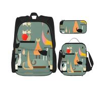KoNsev Mid-Century Modern Art Cats 3pcs Zaini 40,6 cm Scuola Prescolare Bookbag e Lunch Box per bambini elementari, Nero , Taglia unica, Set di zaini per la scuola