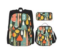 KoNsev Mid Century Modern Retro con forme a goccia 3 pz Zaini 40,6 cm Scuola Prescolare Bookbag e Lunch Box per bambini elementari, Nero , Taglia unica, Set di zaini per la scuola