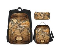 KoNsev Old Stained World Map 3 pz Zaini 40,6 cm Scuola Prescolare Bookbag e Lunch Box per bambini elementari, Nero , Taglia unica, Set di zaini per la scuola