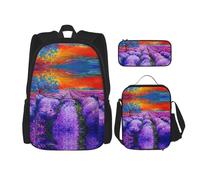 KoNsev Pittura ad olio di lavanda 3pcs Zaini 16 "scuola prescolare Bookbag e Lunch Box per elementare Toddler, Nero , Taglia unica, Set di zaini per la scuola