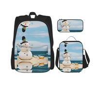 KoNsev Pupazzo di neve con conchiglie seduto sulla spiaggia sabbiosa 3 pz zaini 40,6 cm scuola prescolare libreria e contenitore per il pranzo per bambini elementari, Nero , Taglia unica, Set di zaini