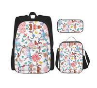 KoNsev Romantico fantasia floreale uccelli farfalla 3 pz 40,6 cm scuola prescolare libreria e pranzo box per bambini elementari, Nero , Taglia unica, Set di zaini per la scuola