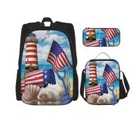 KoNsev Sea to Shining Sea Patriotic - 3 zainetti da 40,6 cm per scuola prescolare e portapranzo per bambini elementari, Nero , Taglia unica, Set di zaini per la scuola