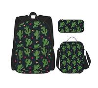 KoNsev Set di 3 borse per la scuola elementare con stampa, borsa per il pranzo, astuccio portapranzo, rosa farfalla, Cactus Art, Taglia unica