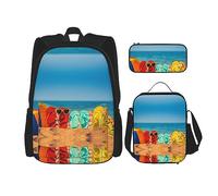 KoNsev Set di 3 borse per la scuola elementare con stampa, borsa per il pranzo, astuccio portapranzo, rosa farfalla, Infradito su una spiaggia sabbiosa, Taglia unica