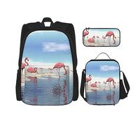 KoNsev Set di 3 borse per la scuola elementare con stampa, borsa per il pranzo, astuccio portapranzo, rosa farfalla, Stormo Di Fenicotteri Rosa Sulla Spiaggia, Taglia unica