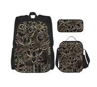 KoNsev Set di 3 borse per la scuola elementare con stampa, borsa per il pranzo con astuccio, mappa della barca, Boho Oro Fiori di Loto, Taglia unica
