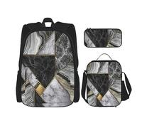 KoNsev Set di 3 borse per la scuola elementare con stampa, borsa per il pranzo con astuccio, margherite e farfalle, Marmo Nero Texture Oro, Taglia unica