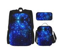 KoNsev Set di 3 borse per la scuola elementare con stampa, borsa per il pranzo con astuccio portapranzo, note musicali blu, Stelle splendenti blu, Taglia unica
