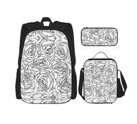 KoNsev Set di 3 borse per la scuola elementare con stampa, borsa per il pranzo con astuccio portapranzo, color sabbia e cammello, Rosa bianca e nera., Taglia unica