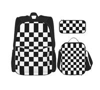 KoNsev Set di 3 borse per la scuola elementare con stampa, borsa per il pranzo con astuccio portapranzo, grazioso pinguino, Plaid bianco e nero., Taglia unica