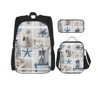 KoNsev Set di 3 borse per la scuola elementare con stampa, borsa per il pranzo con astuccio portapranzo, libri, Bottiglia Conchiglia Faro Stella Marina, Taglia unica