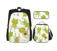 KoNsev Set di 3 borse per la scuola elementare con stampa, borsa per il pranzo con astuccio portapranzo, motivo: alpaca, Rana dei cartoni animati., Taglia unica