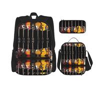 KoNsev Set di 3 borse per la scuola elementare con stampa, borsa per il pranzo con astuccio portapranzo, note musicali blu, Chitarra elettrica., Taglia unica