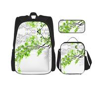 KoNsev Set di 3 borse per la scuola elementare con stampa, borsa per il pranzo con astuccio portapranzo, foglie verdi e bianche, Foglia verde e bianca, Taglia unica