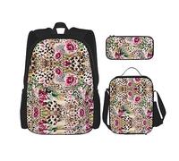 KoNsev Set di 3 borse per la scuola elementare con stampa, borsa per il pranzo con astuccio portapranzo, motivo leopardato, Animale Tigre Stampa Leopardo Fiore Rosa, Taglia unica