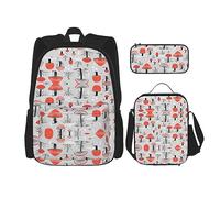 KoNsev Set di 3 borse per la scuola elementare con stampa, borsa per il pranzo con astuccio portapranzo, motivo: alpaca, Funghi cartoni animati., Taglia unica