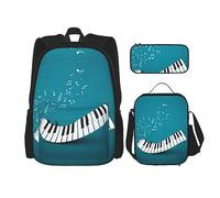 KoNsev Set di 3 borse per la scuola elementare con stampa, borsa per il pranzo con astuccio portapranzo, foglie verdi e bianche, Chiavi per pianoforte verde e bianco, Taglia unica