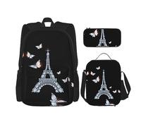 KoNsev Set di 3 borse per la scuola elementare con stampa, borsa per il pranzo con astuccio portapranzo, note musicali blu, Torre Eiffel, Taglia unica