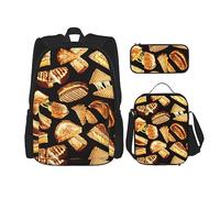 KoNsev Set di 3 borse per la scuola elementare con stampa, borsa per il pranzo con astuccio portapranzo, motivo a rombi a scacchi, Panini di formaggio, Taglia unica