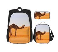 KoNsev Set di 3 borse per la scuola elementare con stampa, borsa per il pranzo con astuccio portapranzo, color sabbia e cammello, Cammello di sabbia del deserto, Taglia unica