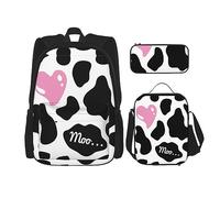 KoNsev Set di 3 borse per la scuola elementare con stampa, borsa per il pranzo con astuccio portapranzo, color sabbia e cammello, Mucca di latte bianco nero, Taglia unica