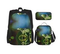 KoNsev Set di 3 borse per la scuola elementare con stampa, borsa per il pranzo con astuccio portapranzo, foglie verdi e bianche, Lucertola verde., Taglia unica