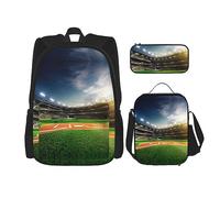KoNsev Set di 3 borse per la scuola elementare con stampa, borsa per il pranzo con astuccio portapranzo, foglie verdi e bianche, Sfondo verde campo da baseball, Taglia unica