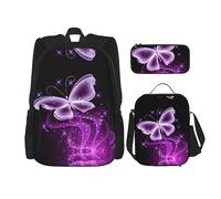KoNsev Set di 3 borse per la scuola elementare con stampa, borsa per il pranzo con astuccio portapranzo, grazioso pinguino, Graziosa farfalla viola., Taglia unica