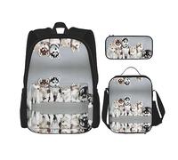 KoNsev Set di 3 borse per la scuola elementare con stampa, borsa per il pranzo con astuccio portapranzo, color sabbia e cammello, Cani., Taglia unica