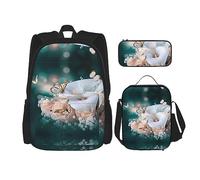 KoNsev Set di 3 borse per la scuola elementare con stampa, borsa per il pranzo con astuccio, vortici floreali, Fiore e farfalla., Taglia unica
