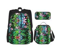 KoNsev Set di 3 borse per la scuola elementare con stampa, borsa per il pranzo e astuccio, arcobaleno colorato, Foglia tropicale colorata., Taglia unica