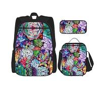 KoNsev Set di 3 borse per la scuola elementare con stampa, borsa per il pranzo e astuccio, arcobaleno colorato, Pianta grassa colorata., Taglia unica