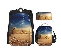 KoNsev Set di 3 borse per la scuola elementare con stampa, borsa per il pranzo e astuccio, blu e rosa fuoco, Piramide egiziana nel deserto, Taglia unica