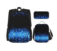 KoNsev Set di 3 borse per la scuola elementare con stampa, borsa per il pranzo e astuccio, blu e rosa fuoco, Fiamma blu., Taglia unica