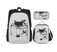 KoNsev Set di 3 borse per la scuola elementare con stampa, borsa per il pranzo e astuccio, divertente lettura di gatti, Divertente lettura del gatto, Taglia unica