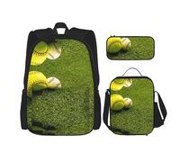 KoNsev Set di 3 borse per la scuola elementare con stampa, borsa per il pranzo e astuccio, Grand Teton National Park, Softball di baseball dell'erba, Taglia unica