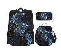 KoNsev Set di 3 borse per la scuola elementare con stampa, borsa per il pranzo e astuccio, mappa del mondo nera, Medusa blu e oro, Taglia unica