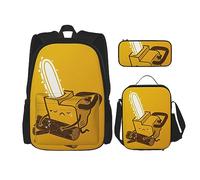 KoNsev Set di 3 borse per la scuola elementare con stampa, borsa per il pranzo e astuccio, motivo carlino nero, Carino piangere Chainsaw.webp, Taglia unica