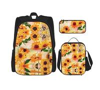 KoNsev Set di 3 borse per la scuola elementare con stampa, borsa per il pranzo e astuccio, motivo carlino nero, Bellissimo girasole., Taglia unica