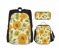 KoNsev Set di 3 borse per la scuola elementare con stampa, borsa per il pranzo e astuccio, motivo carlino nero, Bellissimo girasole giallo., Taglia unica
