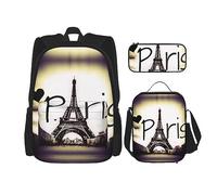KoNsev Set di 3 borse per la scuola elementare con stampa, borsa per il pranzo e astuccio, motivo floreale blu tropicale, Torre Eiffel Love Parigi, Taglia unica