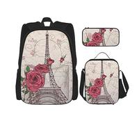 KoNsev Set di 3 borse per la scuola elementare con stampa, borsa per il pranzo e astuccio, motivo floreale blu tropicale, Torre Eiffel Rosa Fiore, Taglia unica