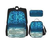 KoNsev Set di 3 borse per la scuola elementare con stampa, borsa per il pranzo e astuccio, motivo floreale blu tropicale, Mare Blu Oceano, Taglia unica