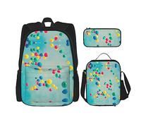 KoNsev Set di 3 borse per la scuola elementare con stampa, borsa per il pranzo e astuccio, motivo floreale bohémien colorato, Palloncini Colorati Cielo Blu, Taglia unica