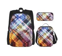 KoNsev Set di 3 borse per la scuola elementare con stampa, borsa per il pranzo e astuccio, nota musicale colorata, Reticolo colorato in twill, Taglia unica
