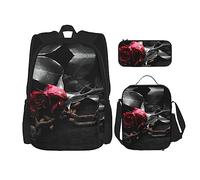 KoNsev Set di 3 borse per la scuola elementare con stampa, borsa per il pranzo e astuccio, nota musicale colorata, Rose nere gotiche, Taglia unica