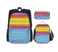 KoNsev Set di 3 borse per la scuola elementare con stampa, borsa per il pranzo e astuccio, nota musicale colorata, Colorful Rainbow Stripe.webp, Taglia unica